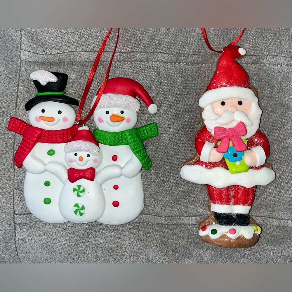 Santa Claus & Snowmen Clay Christmas Ornaments - NEW